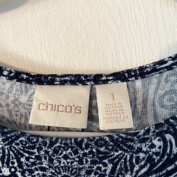 CHICOS DRESS SZ 1, SOFT FABRIC SIDE POCKETS HI LO HEM NAVY WHITE LAGENLOOK BOHO - Picture 2 of 8